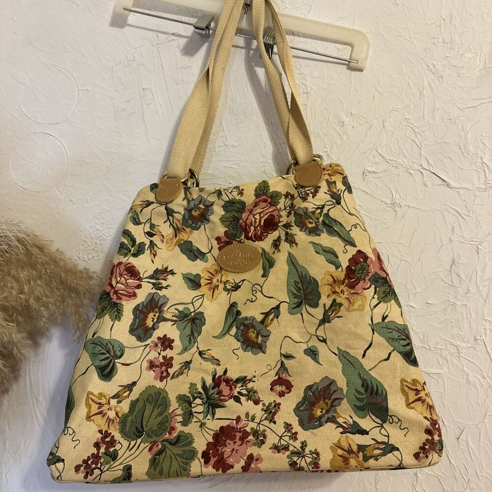 Carpetbags of America Floral Rose Canvas Tapestry Bag Tan Purse Straw Braid Rare